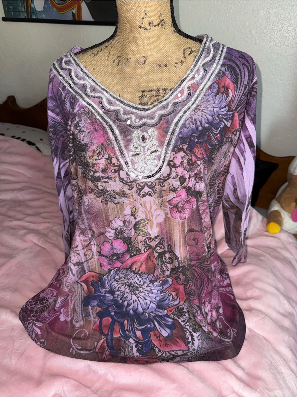 stunning fairy core top with purple & pink floral mesh top